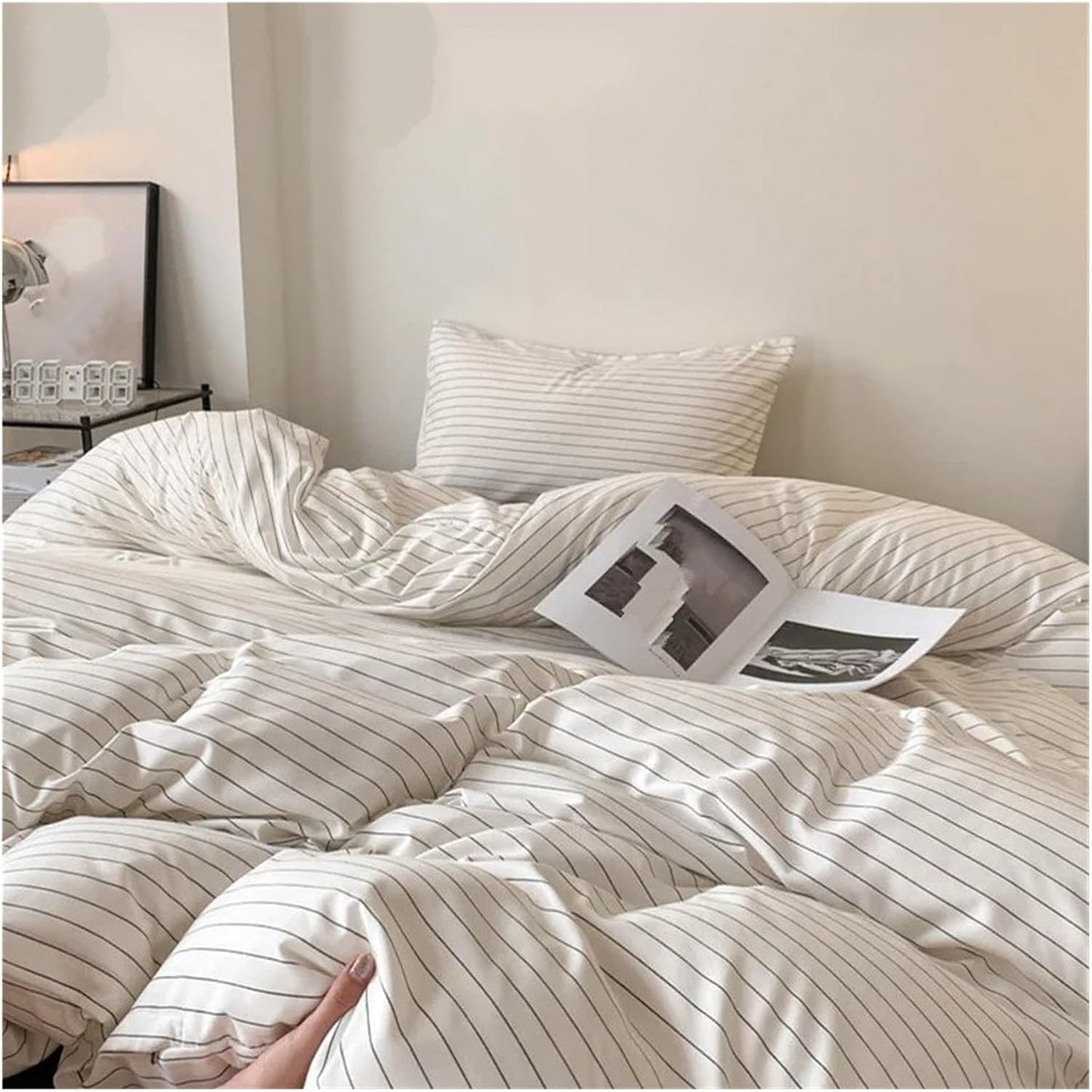 Aerial view of the VibeCore Aesthetic Modern Stripe Duvet Cover Set, showcasing its sleek, contemporary striped design and soft, breathable fabric. A chic and cozy addition to any bedroom or dorm, offering a perfect blend of modern style and comfort.