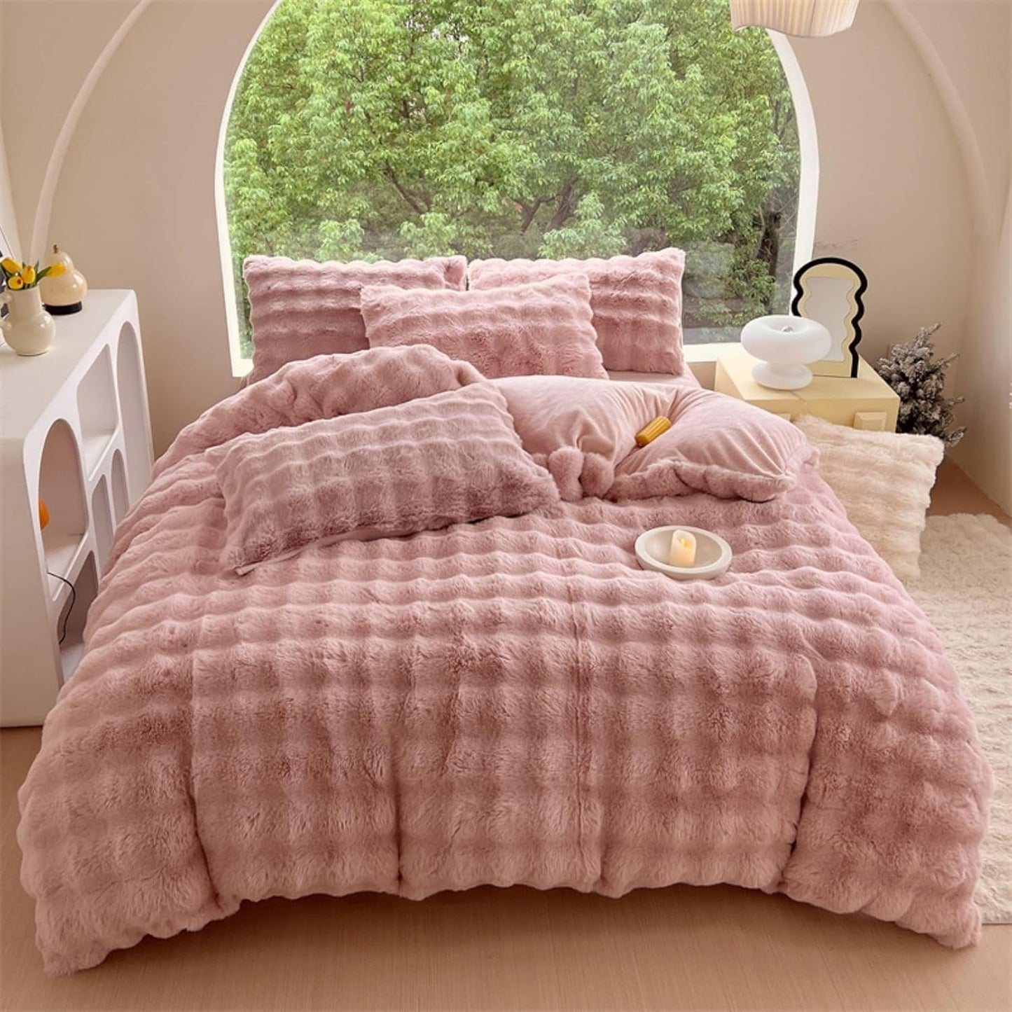 Full aerial view of the VibeCore Snuggle Supreme Bedding Set in Rose, highlighting the chic, tufted design and ultra-soft texture of the bedding for a luxurious and cozy bedroom aesthetic.