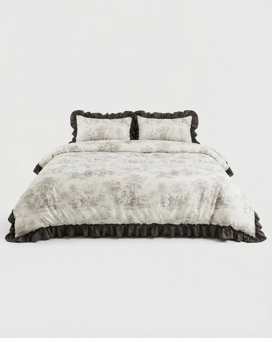 Ivory toile duvet cover set with charcoal ruffle trim displayed on a bed, vintage inspired floral bedding, aesthetic bedroom decor