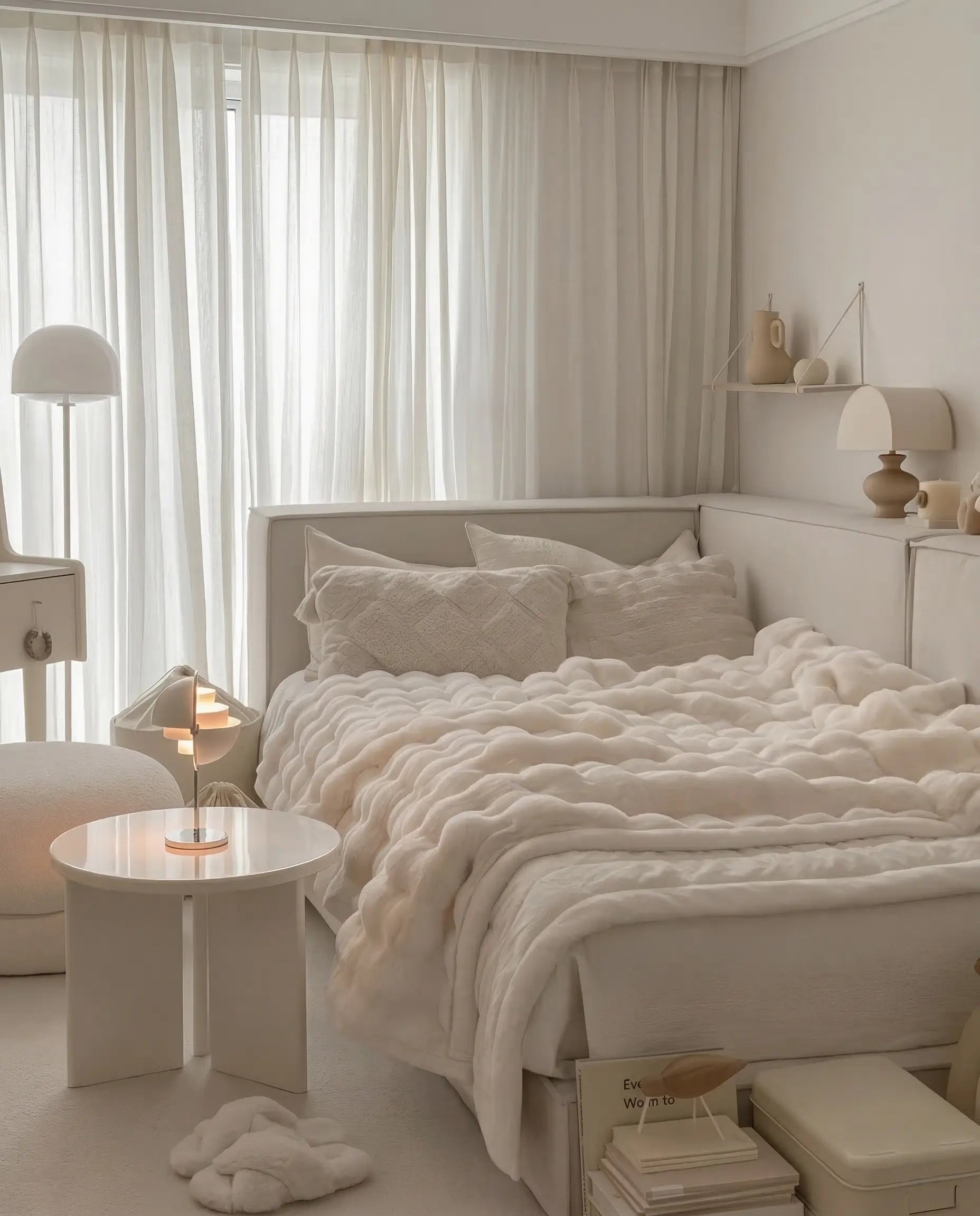 Woman relaxing with DORMÉ Studio Marshmallow Ultra Plush Blanket draped over bed highlighting thick cloud-like plush texture.