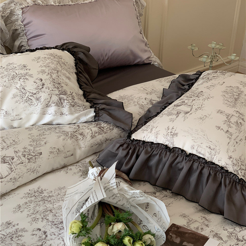 VibeCore Aesthetic Black Ruffles French Toile Duvet Cover Set Pillowcases, featuring a luxurious black toile design with elegant ruffles for a chic and timeless addition to your bedding collection.