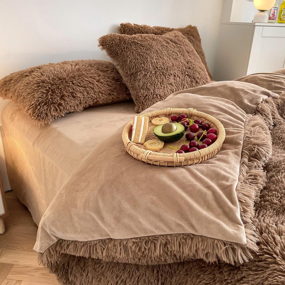 Close-up of the duvet cover from the VibeCore Cloud 9 Bedding Set in the color Brown, featuring ultra-soft fleece fabric for ultimate comfort and cozy luxury. Perfect for adding warmth, style, and a plush feel to your bedroom or dorm, ideal for sleeping or relaxing.