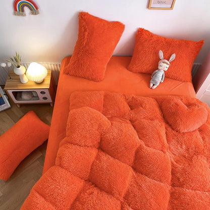 Alternative aerial view of the VibeCore Cloud9 Fleece Bedding Set in the color Orange, showcasing ultra-soft fleece fabric for unmatched comfort and warmth. This vibrant bedding set adds a pop of color, cozy luxury, and modern style to your bedroom or dorm, creating the ultimate sleep environment.