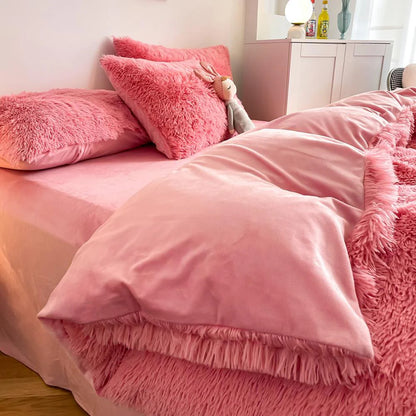 Close-up of the duvet cover from the VibeCore Cloud 9 Bedding Set in the color Pink, featuring ultra-soft fleece fabric for ultimate comfort and cozy luxury. Perfect for adding warmth, style, and a plush feel to your bedroom or dorm, ideal for sleeping or relaxing.