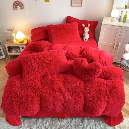 Aerial view of the VibeCore Cloud 9 Bedding Set in the color Red, made from ultra-soft fleece for ultimate comfort. Perfect for adding warmth, luxury, and cozy style to any bedroom or dorm. Ideal for lounging, relaxing, and enhancing your space with plush, durable bedding that’s machine washable and tumble-dry friendly.