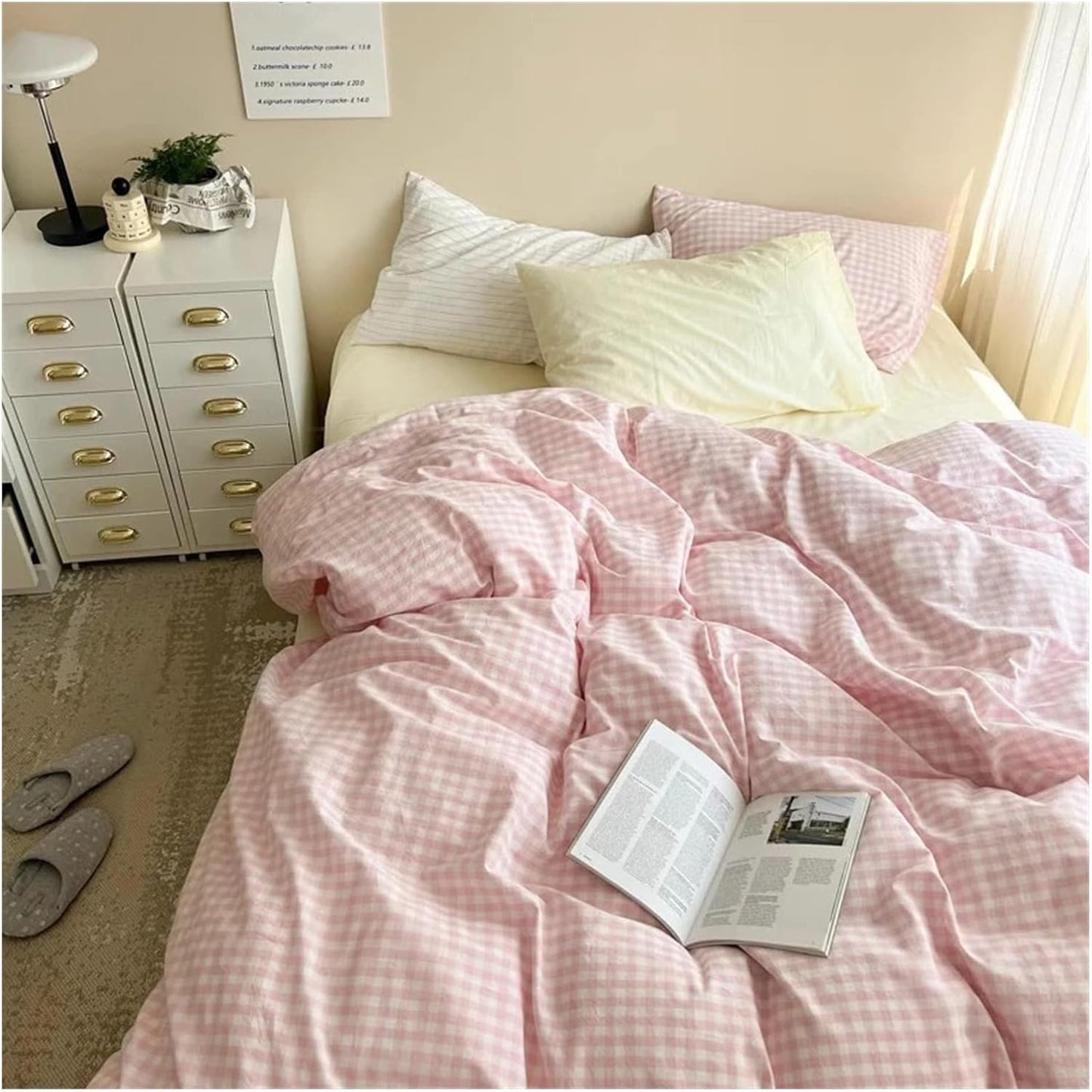 A closer aerial view of the VibeCore Pastel Pink Plaid Bedding Set, showcasing the soft pastel colors and checkered gingham pattern across the duvet and sheets.