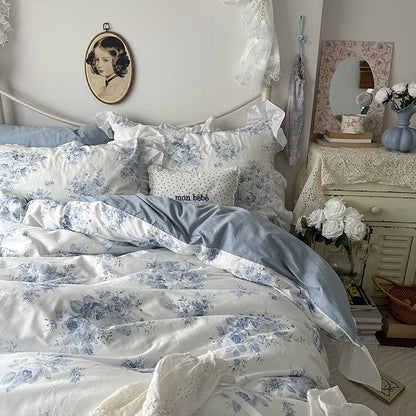 VibeCore Blue Florals Ruffled Duvet Cover Set