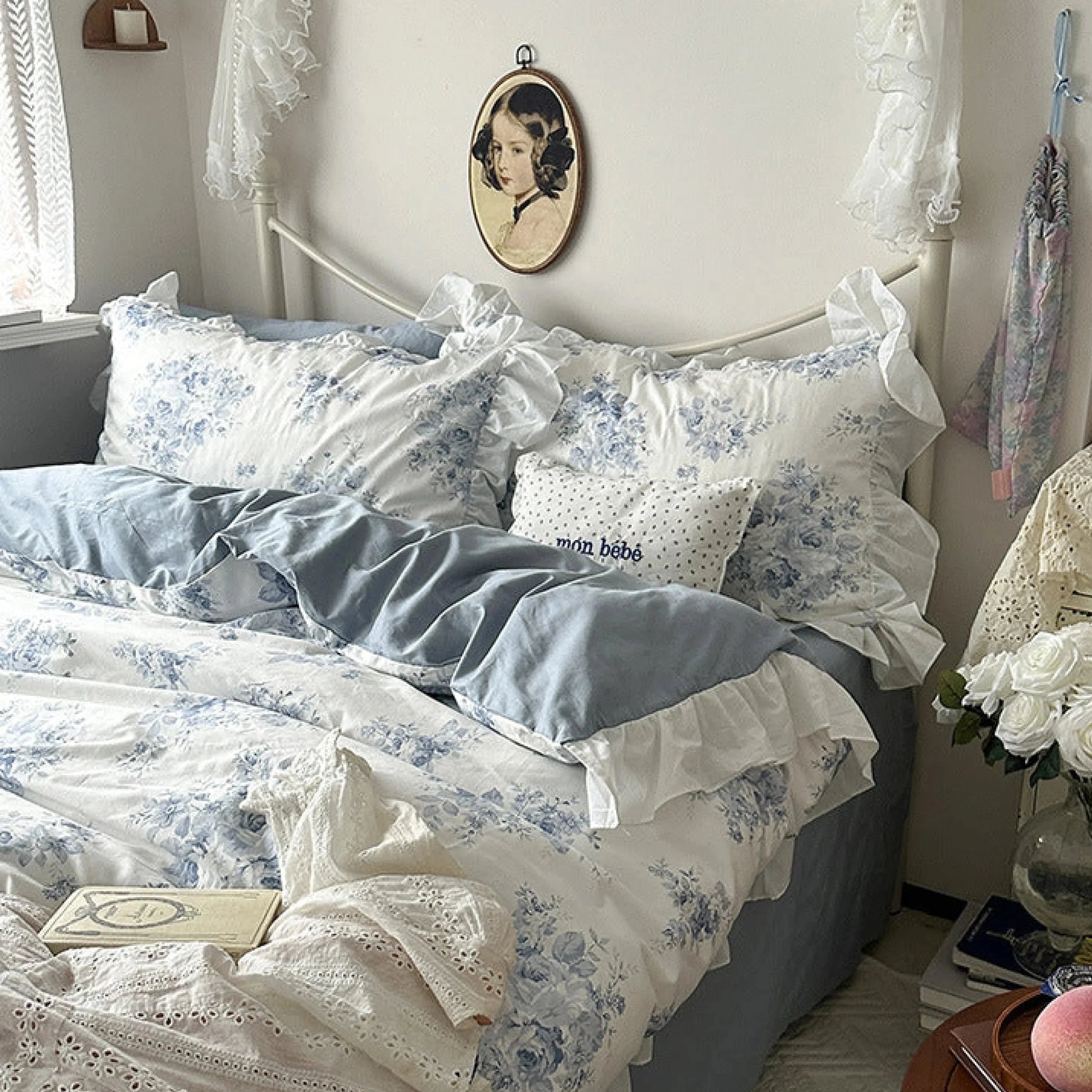 VibeCore Blue Florals Ruffled Duvet Cover Set Angled Side View