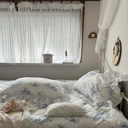 VibeCore Blue Florals Ruffled Duvet Cover Set Side View Close Up