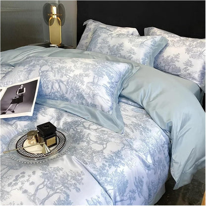 VibeCore Cooling Lyocell French Toile Duvet Cover Set Blue Gray Aerial Close Up View