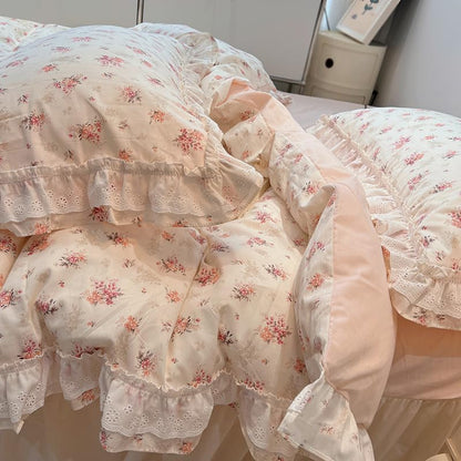 Close-up of the VibeCore Coquette Embroidered Pink Floral Duvet Cover Set, showcasing delicate pink floral embroidery on soft, breathable cotton for a cozy, elegant vibe.