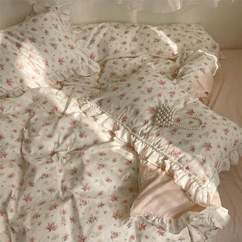 VibeCore Coquette Embroidered Pink Floral Duvet Cover Set full close-up, highlighting the intricate pink floral embroidery and soft cotton fabric for a cozy, elegant look.