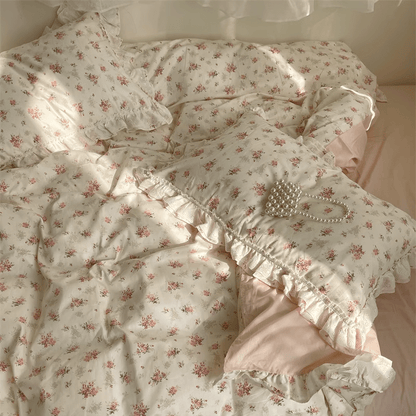 VibeCore Coquette Embroidered Pink Floral Duvet Cover Set full close-up, highlighting the intricate pink floral embroidery and soft cotton fabric for a cozy, elegant look.