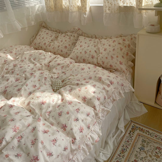 Embroidered Pink Floral Bedding Set that features a pink floral design and feminine embroidery. Bedding set that matches the coquette and cottagecore aesthetic.