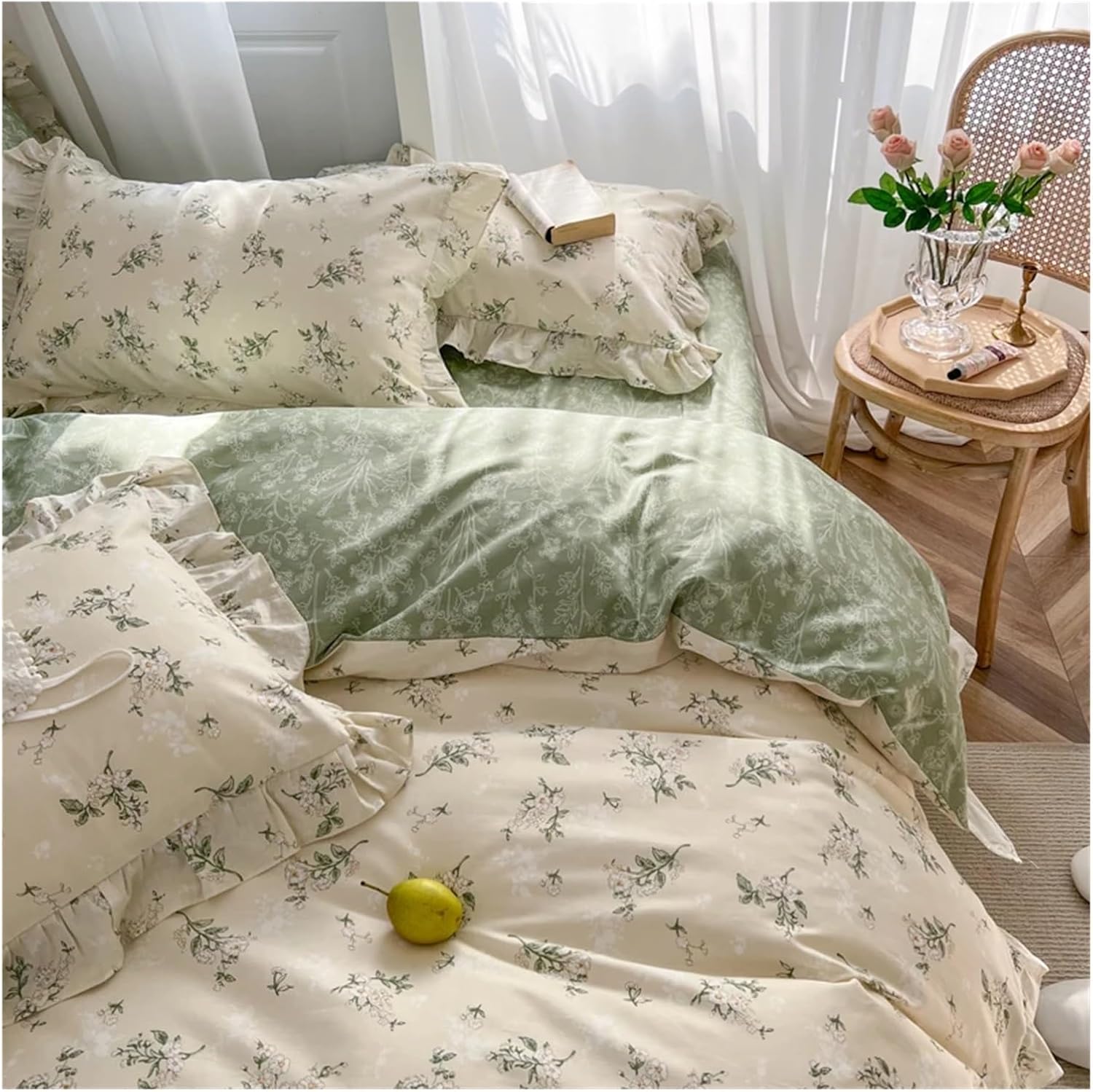 Aerial close-up of the VibeCore Cottagecore Green Garden Double-Sided Duvet Cover Set, highlighting the intricate floral pattern and soft, breathable fabric that adds a fresh, garden-inspired touch to your bedroom or dorm décor.