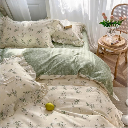 Aerial close-up of the VibeCore Cottagecore Green Garden Double-Sided Duvet Cover Set, highlighting the intricate floral pattern and soft, breathable fabric that adds a fresh, garden-inspired touch to your bedroom or dorm décor.