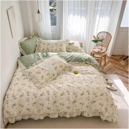 Aerial view of the VibeCore Cottagecore Green Garden Double-Sided Duvet Cover Set, showcasing the vibrant, nature-inspired floral pattern and reversible design for a fresh, cozy cottagecore vibe in your bedroom or dorm.