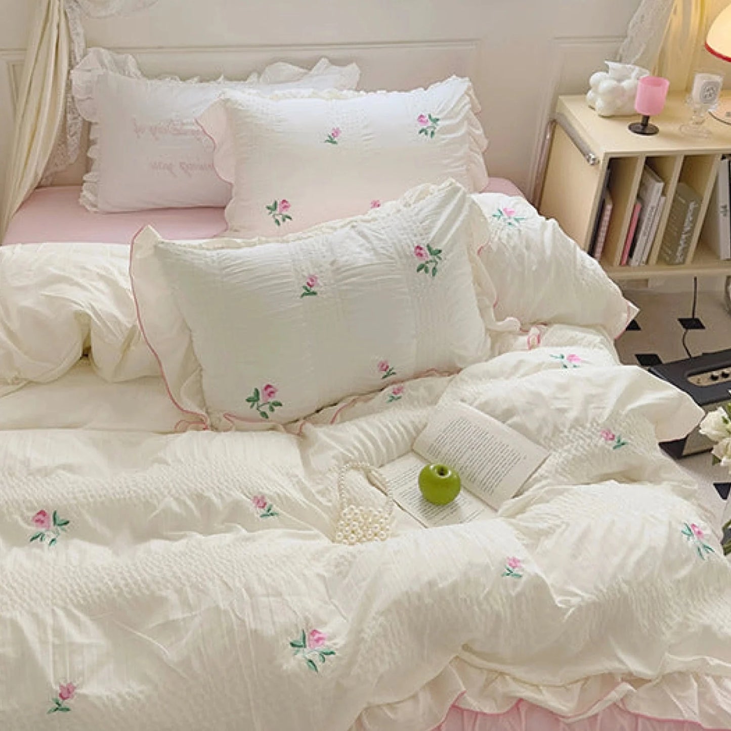 VibeCore Pastel Florals Duvet Cover Set Light Pink Aerial Close Up