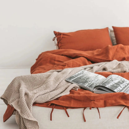 VibeCore Warm Tones Pure Linen Duvet Cover Set Burnt Orange Front View Close Up