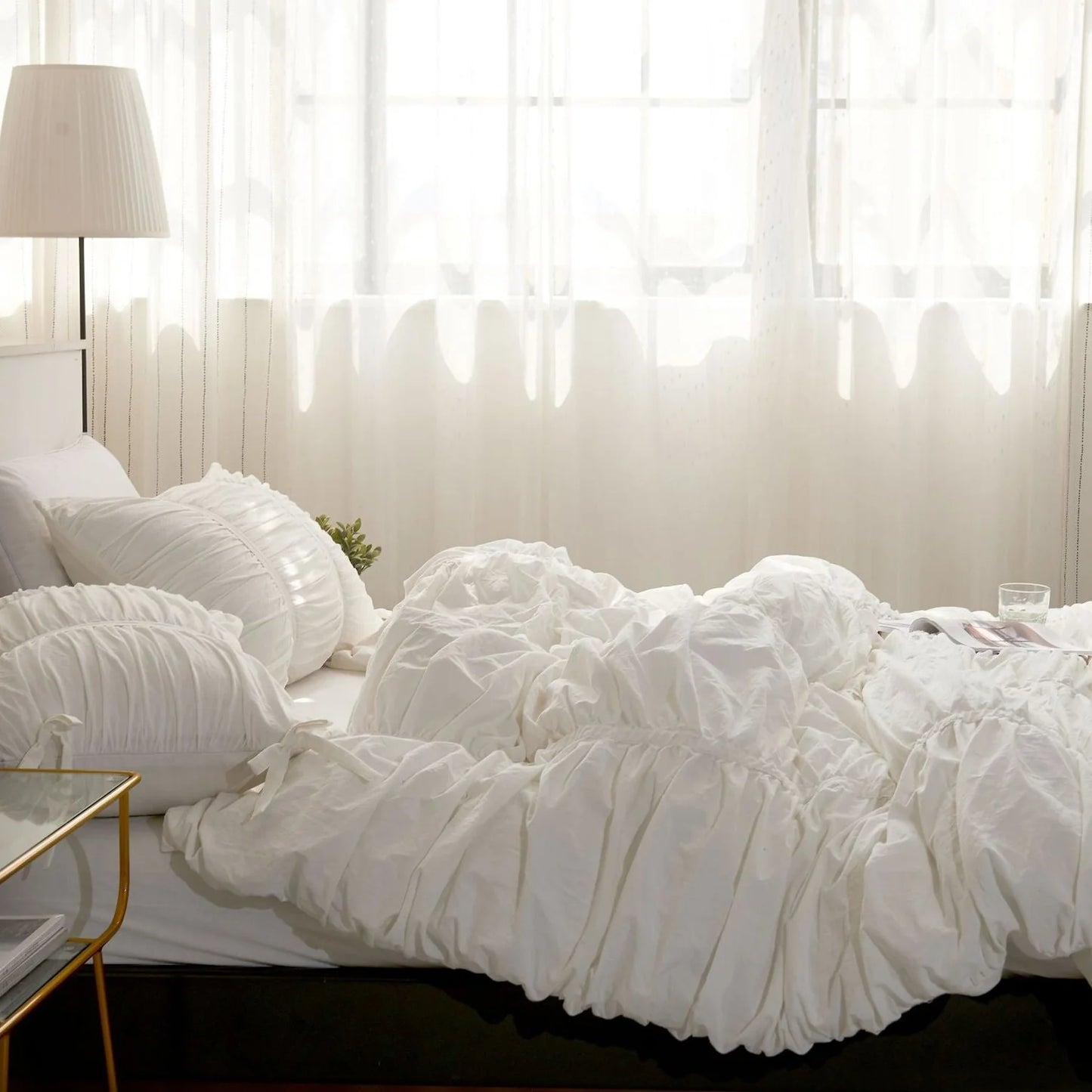 Side view of VibeCore white ruched duvet cover set on bed, aesthetic tufted cotton bedding, soft fleece duvet_cover set, breathable fabric, elegant white room decor, coquette bedroom vibe, romantic minimalist style, timeless bedding design, cozy cotton texture, twin or king size.